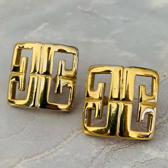 Givenchy Gold Plated Logo Vintage Stud Earrings - Picture 1 of 8